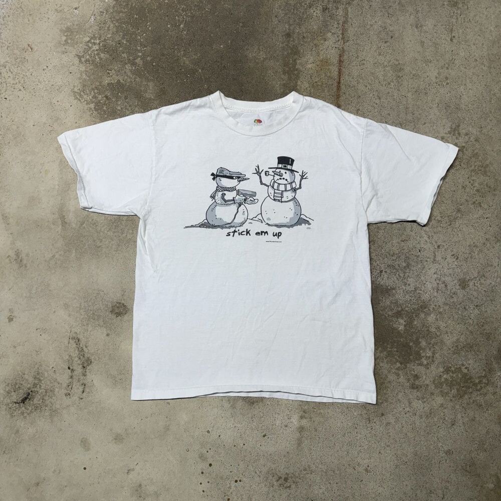VINTAGE Y2K STICK EM UP SNOWMAN GUN TEE L